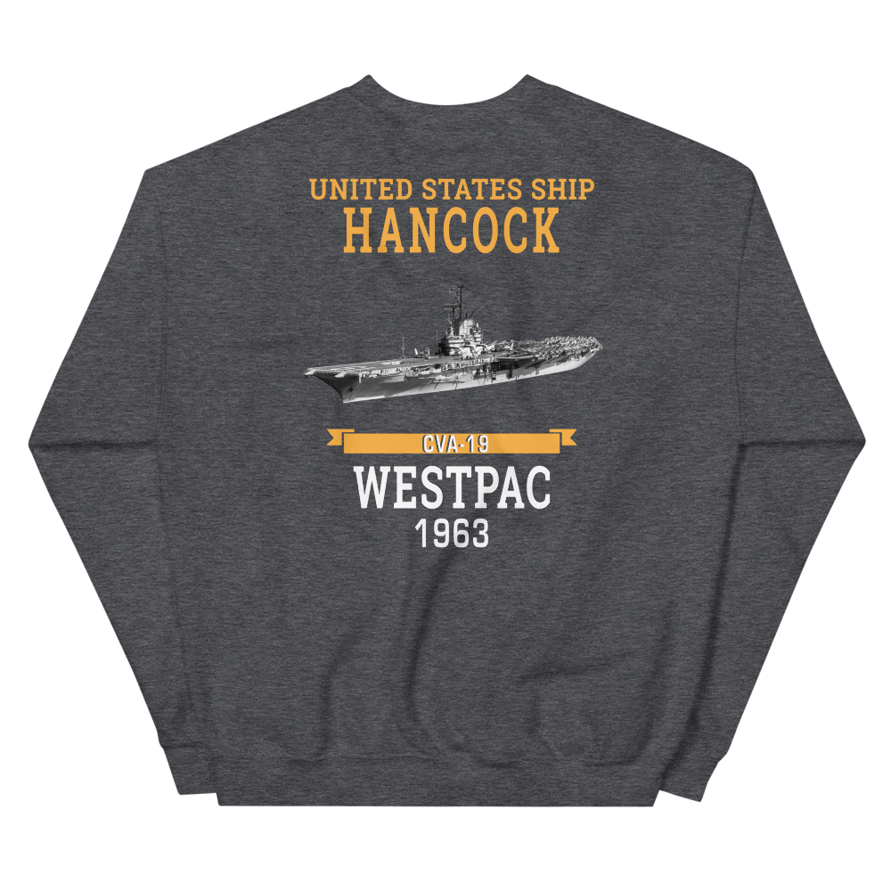 USS Hancock (CVA-19) 1963 WESTPAC Unisex Sweatshirt – back view, heather