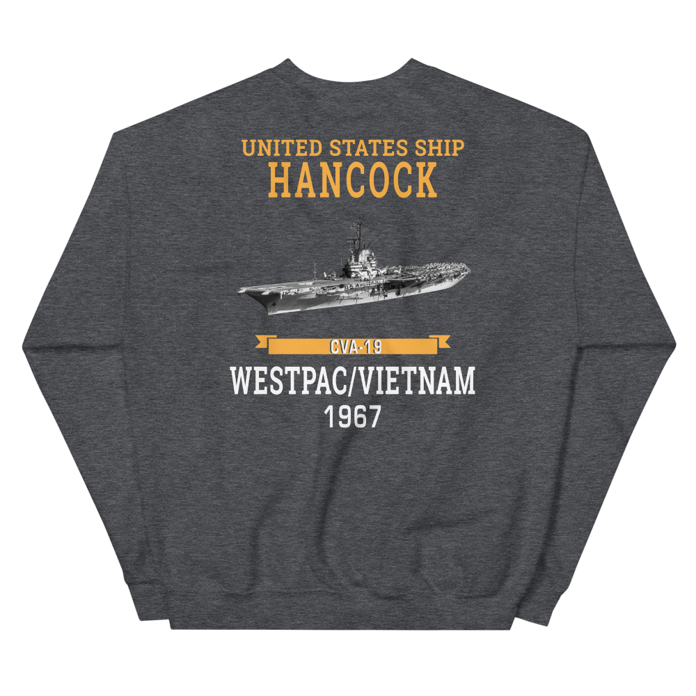 USS Hancock (CVA-19) 1967 WESTPAC/VIETNAM Unisex Sweatshirt – back view, heather