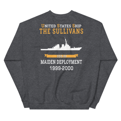 USS The Sullivans (DDG-68) 1999-2000 MAIDEN DEPLOYMENT Unisex Sweatshirt – back view, heather