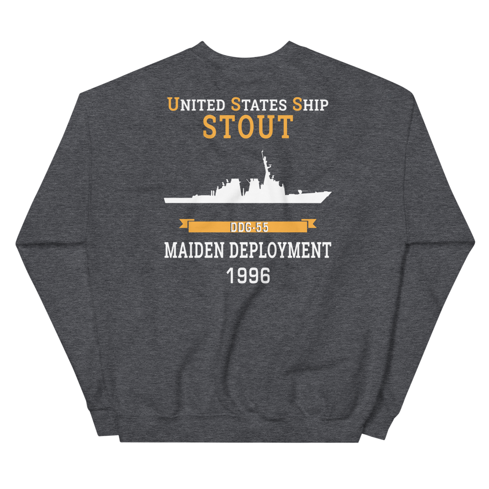 USS Stout (DDG-55) 1996 MAIDEN DEPLOYMENT Unisex Sweatshirt – back view, heather