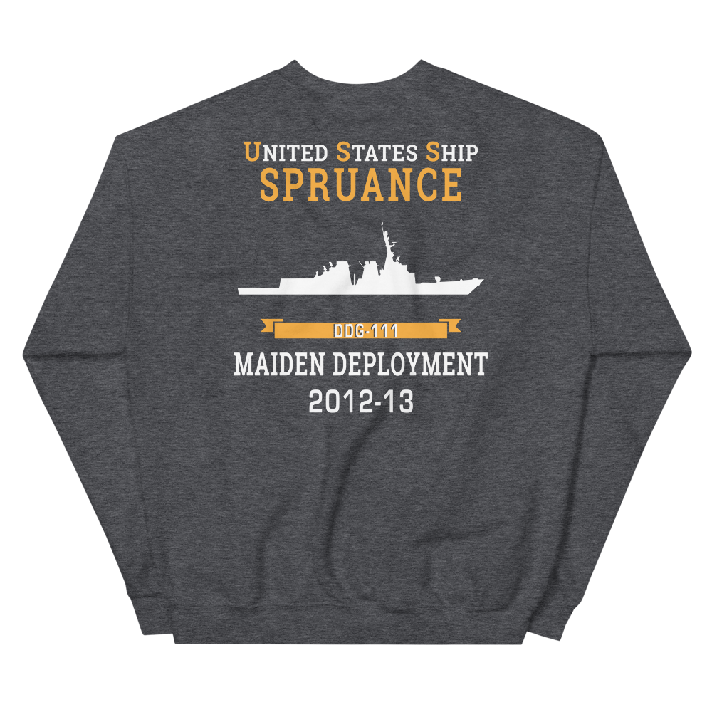 USS Spruance (DDG-111) 2012-13 MAIDEN DEPLOYMENT Unisex Sweatshirt – back view, heather