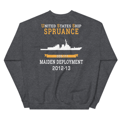 USS Spruance (DDG-111) 2012-13 MAIDEN DEPLOYMENT Unisex Sweatshirt – back view, heather