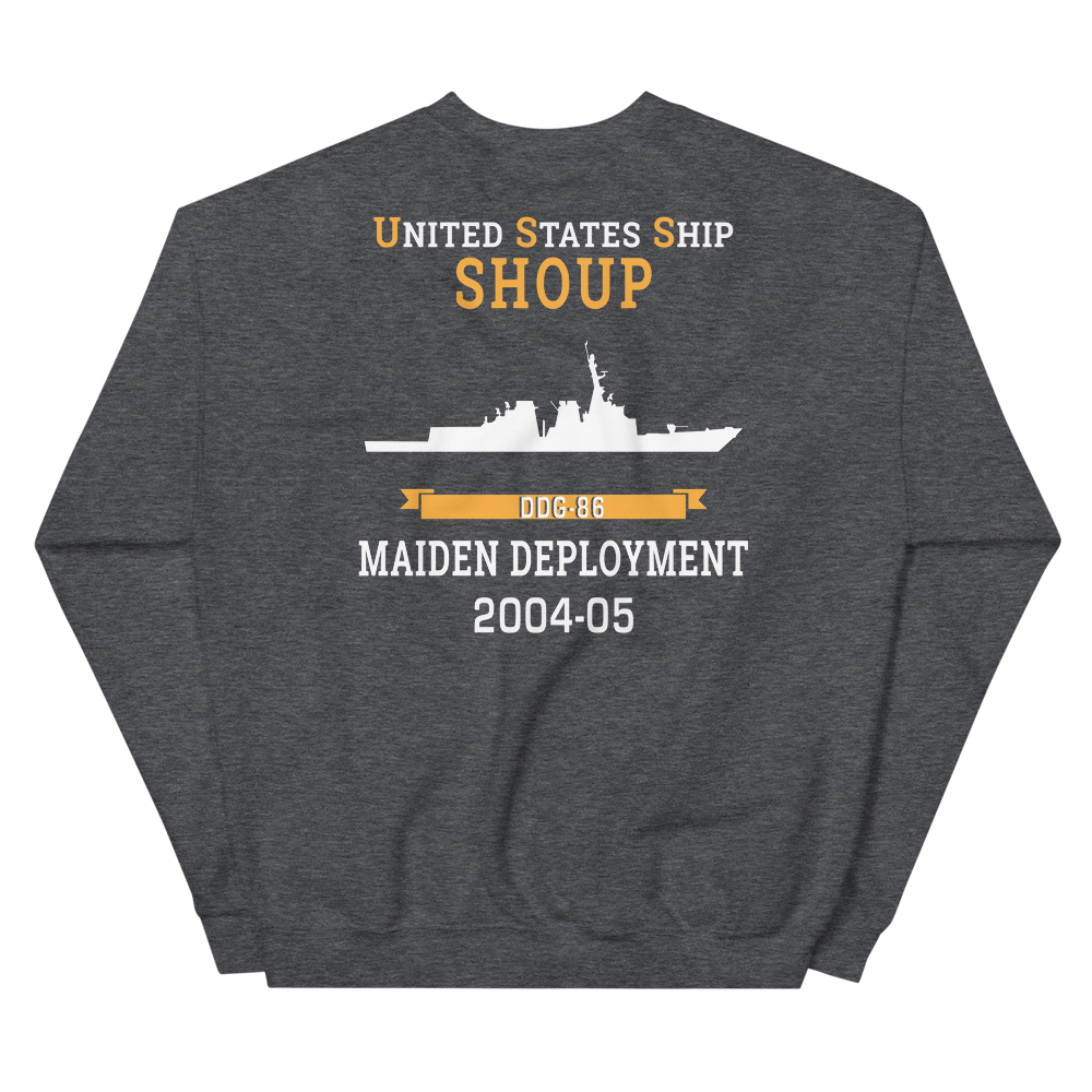 USS Shoup (DDG-86) 2004-05 MAIDEN DEPLOYMENT Unisex Sweatshirt – back view, heather