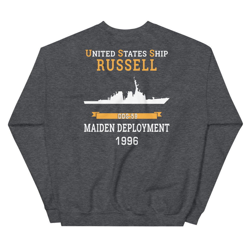 USS Russell (DDG-59) 1996 MAIDEN DEPLOYMENT Unisex Sweatshirt – back view, heather