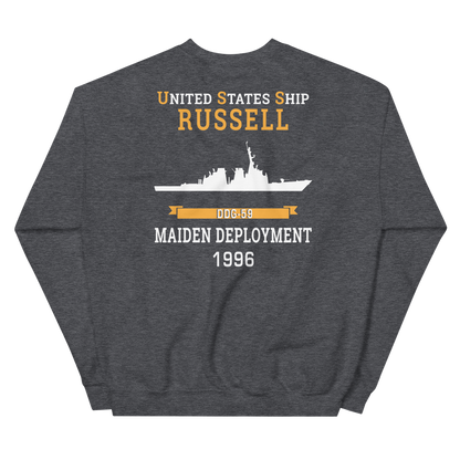USS Russell (DDG-59) 1996 MAIDEN DEPLOYMENT Unisex Sweatshirt – back view, heather