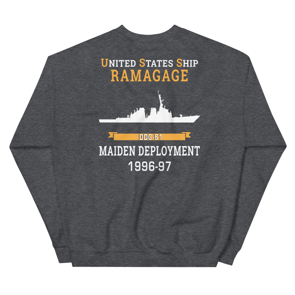 USS Ramage (DDG-61) 1996-97 MAIDEN DEPLOYMENT Unisex Sweatshirt – back view, heather
