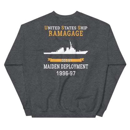 USS Ramage (DDG-61) 1996-97 MAIDEN DEPLOYMENT Unisex Sweatshirt – back view, heather