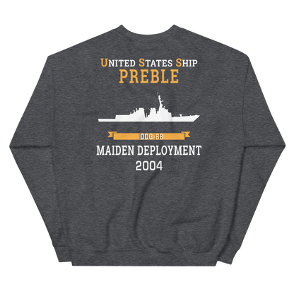 USS Preble (DDG-88) 2004 MAIDEN DEPLOYMENT Unisex Sweatshirt – back view, heather