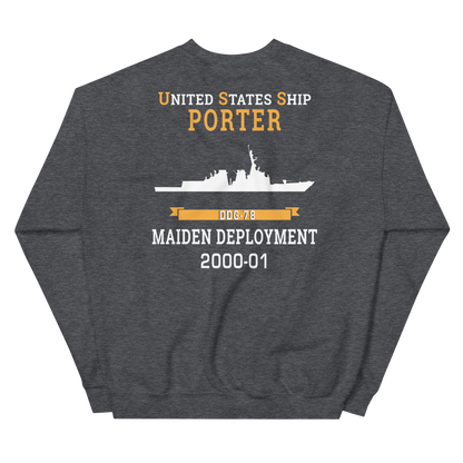 USS Porter (DDG-78) 2000-01 MAIDEN DEPLOYMENT Unisex Sweatshirt – back view, heather