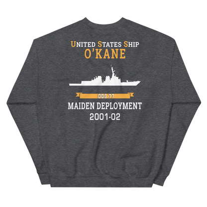 USS O'Kane (DDG-77) 2001-02 MAIDEN DEPLOYMENT Unisex Sweatshirt – back view, heather
