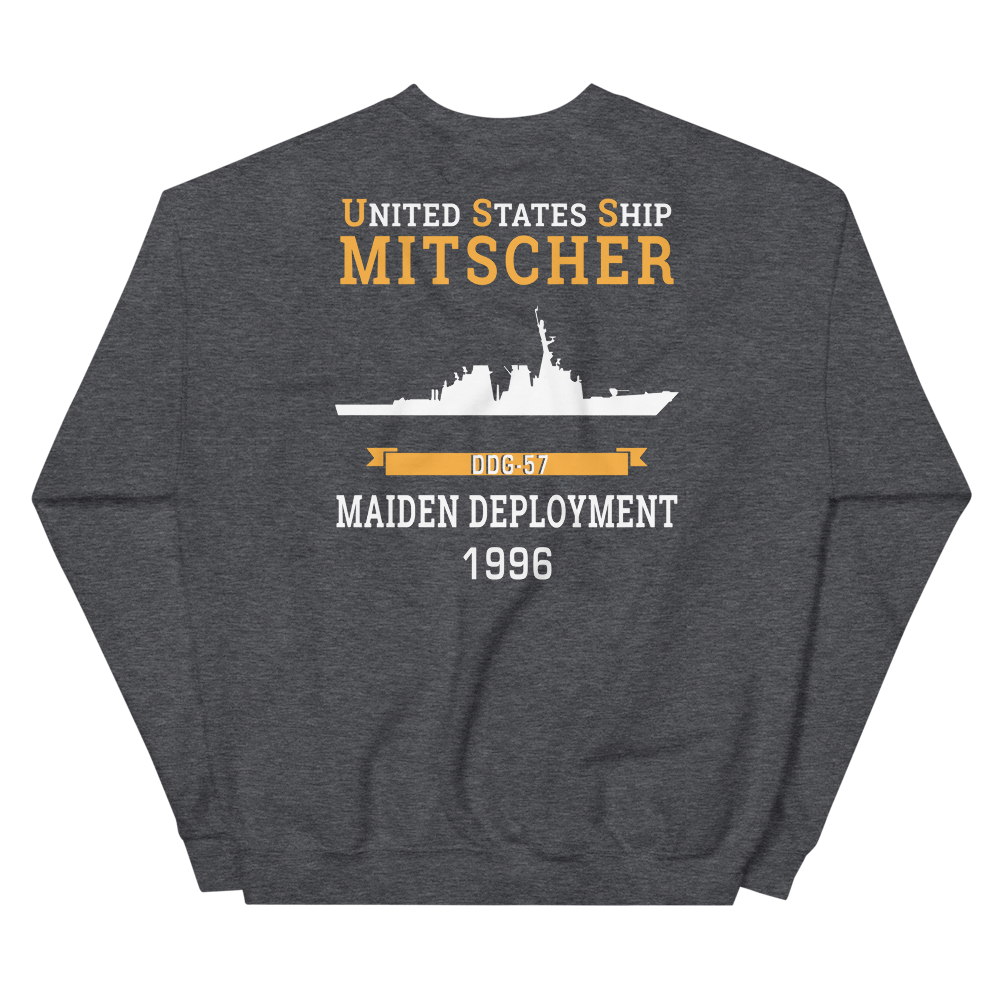 USS Mitscher (DDG-57) 1996 MAIDEN DEPLOYMENT Unisex Sweatshirt – back view, heather