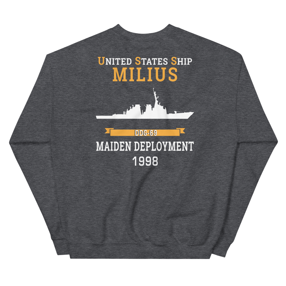 USS Milius (DDG-69) 1998 MAIDEN DEPLOYMENT Unisex Sweatshirt – back view, heather