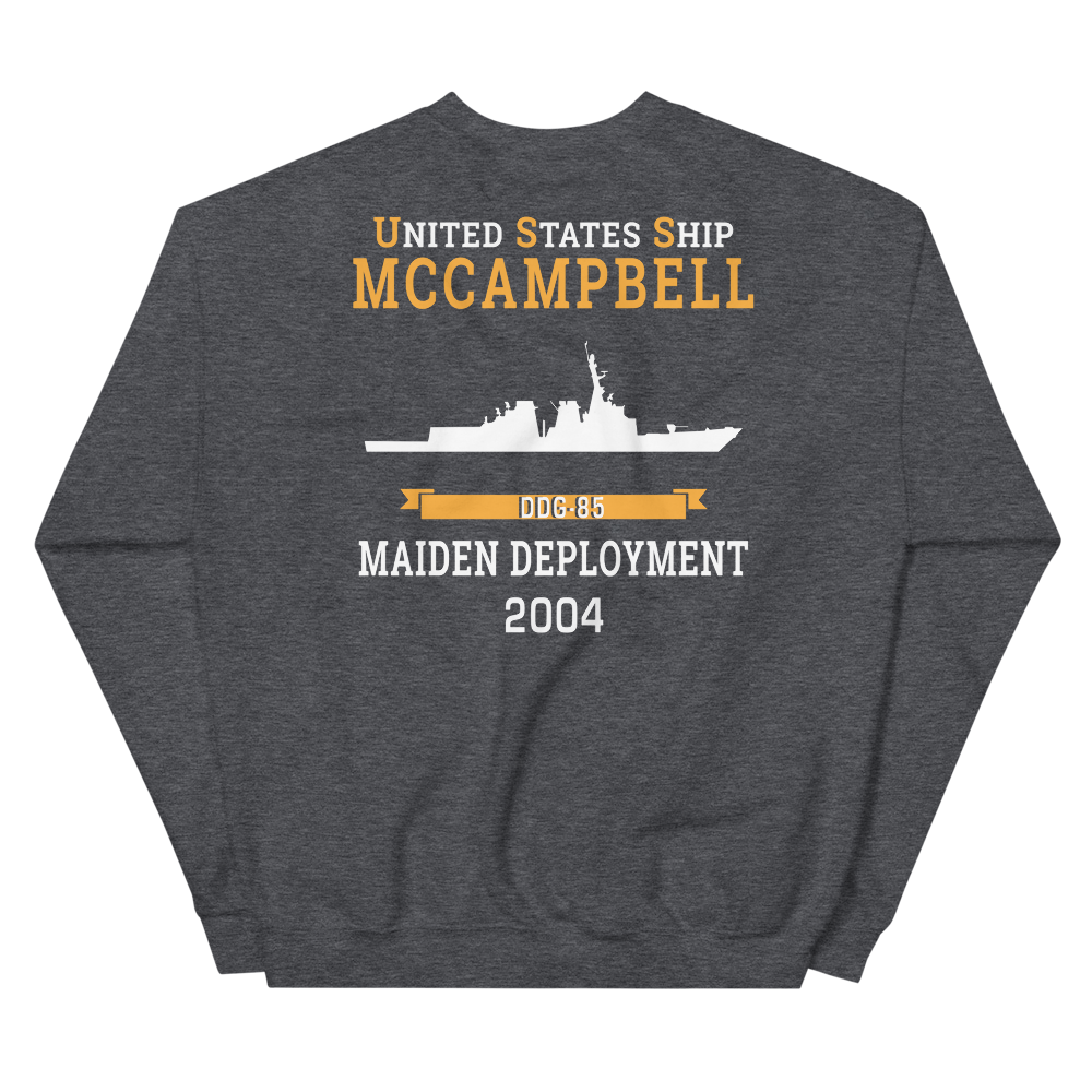USS McCampbell (DDG-85) 2004 MAIDEN DEPLOYMENT Unisex Sweatshirt – back view, heather