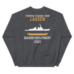 USS Lassen (DDG-82) 2003 MAIDEN DEPLOYMENT Unisex Sweatshirt – back view, heather