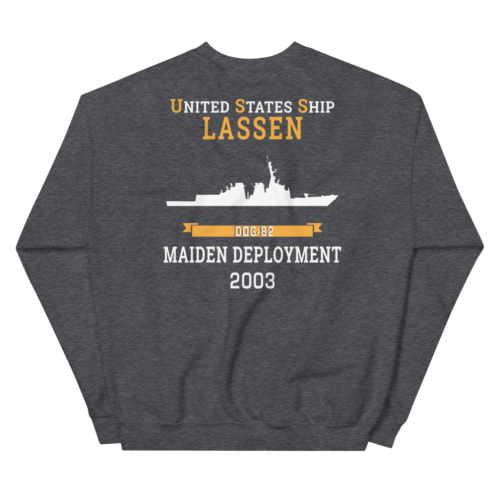 USS Lassen (DDG-82) 2003 MAIDEN DEPLOYMENT Unisex Sweatshirt – back view, heather