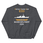 USS Kidd (DDG-100) 2009 MAIDEN DEPLOYMENT Unisex Sweatshirt – back view, heather