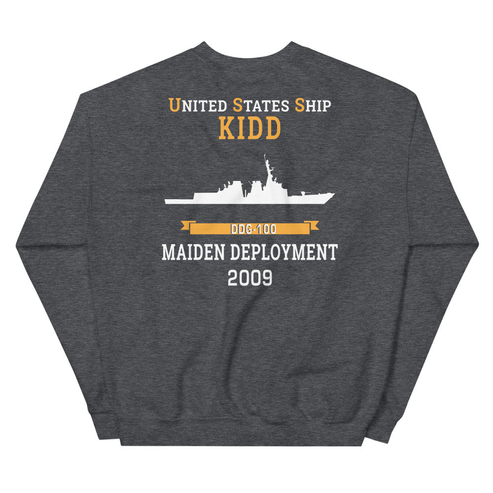 USS Kidd (DDG-100) 2009 MAIDEN DEPLOYMENT Unisex Sweatshirt – back view, heather