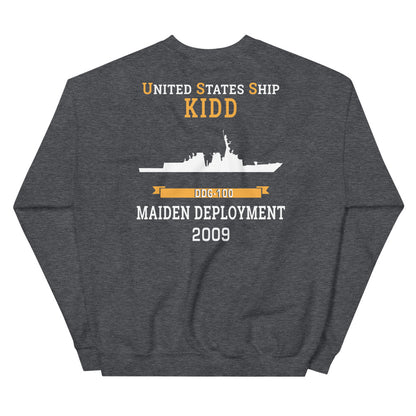 USS Kidd (DDG-100) 2009 MAIDEN DEPLOYMENT Unisex Sweatshirt – back view, heather