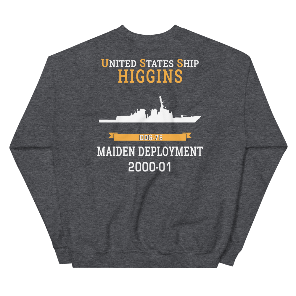 USS Higgins (DDG-76) 2000-01 MAIDEN DEPLOYMENT Unisex Sweatshirt – back view, heather