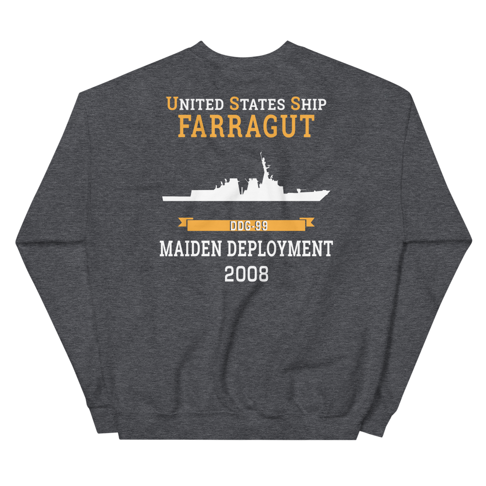 USS Farragut (DDG-99) 2008 MAIDEN DEPLOYMENT Unisex Sweatshirt – back view, heather