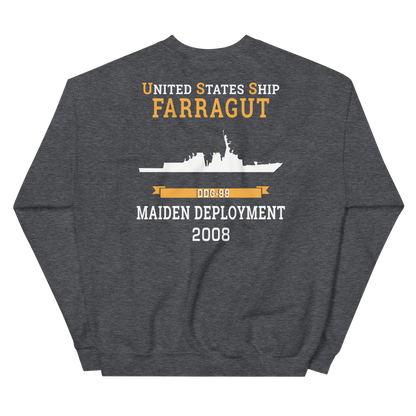 USS Farragut (DDG-99) 2008 MAIDEN DEPLOYMENT Unisex Sweatshirt – back view, heather