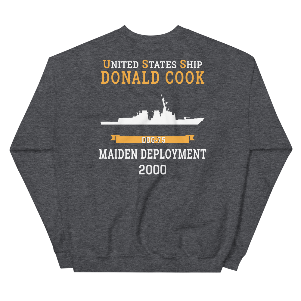 USS Donald Cook (DDG-75) 2000 MAIDEN DEPLOYMENT Unisex Sweatshirt – back view, heather