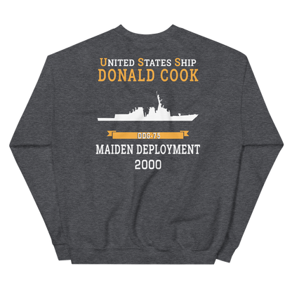 USS Donald Cook (DDG-75) 2000 MAIDEN DEPLOYMENT Unisex Sweatshirt – back view, heather