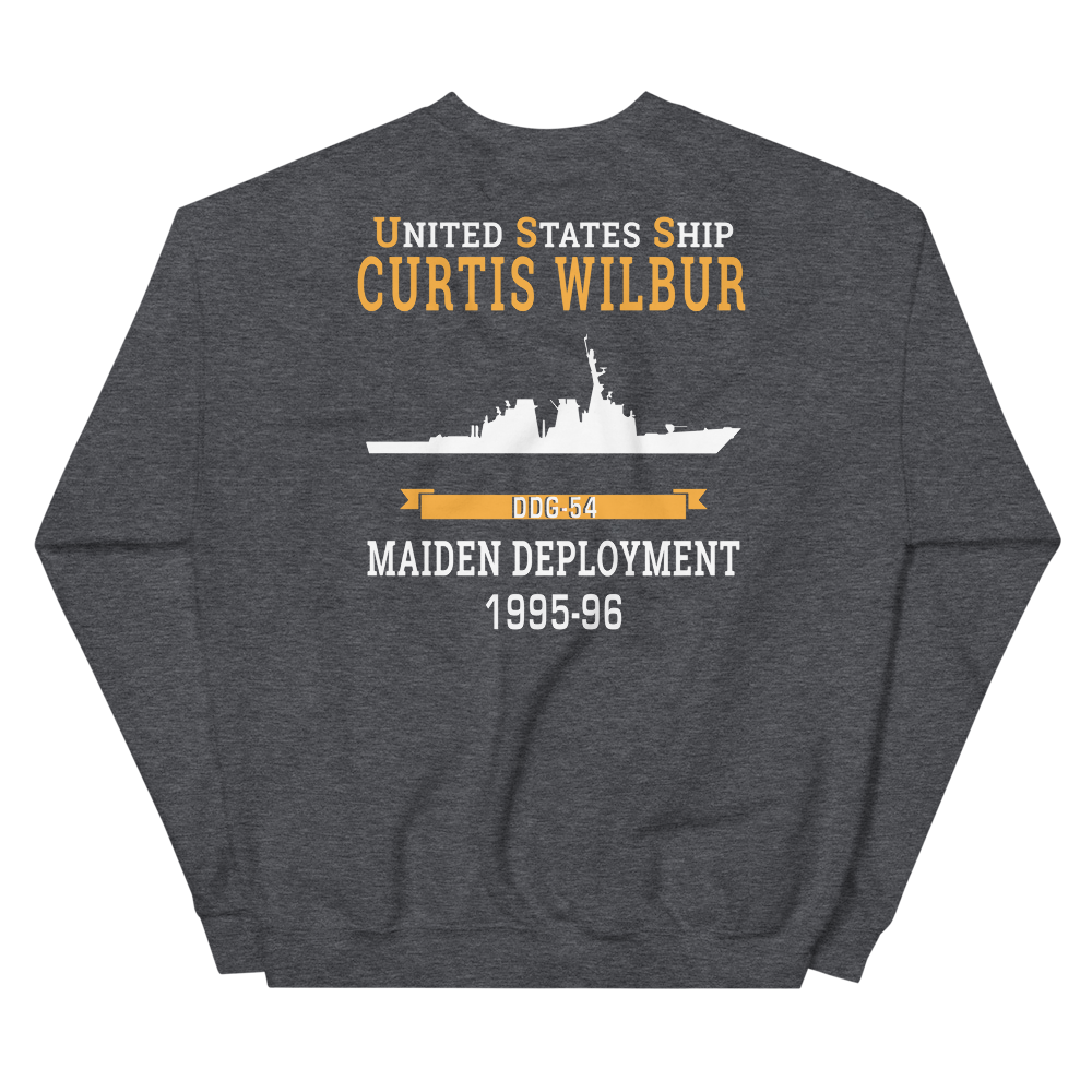 USS Curtis Wilbur (DDG-54) 1995-96 MAIDEN DEPLOYMENT Unisex Sweatshirt – back view, heather