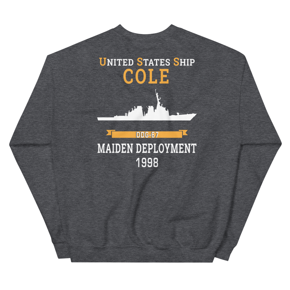USS Cole (DDG-67) 1998 MAIDEN DEPLOYMENT Unisex Sweatshirt – back view, heather