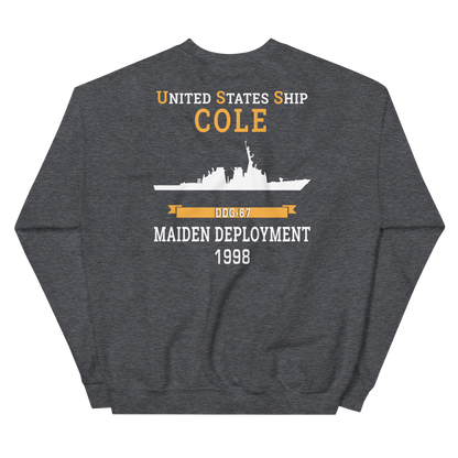 USS Cole (DDG-67) 1998 MAIDEN DEPLOYMENT Unisex Sweatshirt – back view, heather