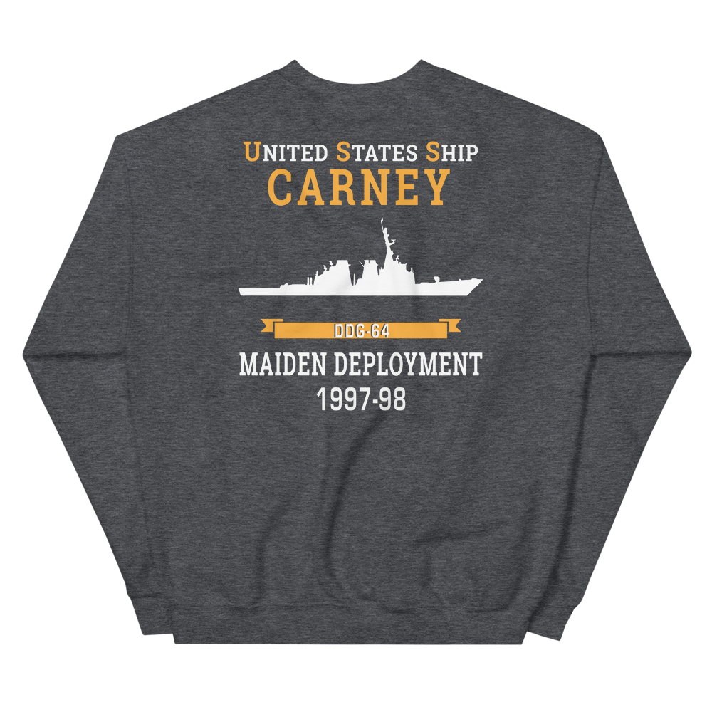 USS Carney (DDG-64) 1997-98 MAIDEN DEPLOYMENT Unisex Sweatshirt – back view, heather