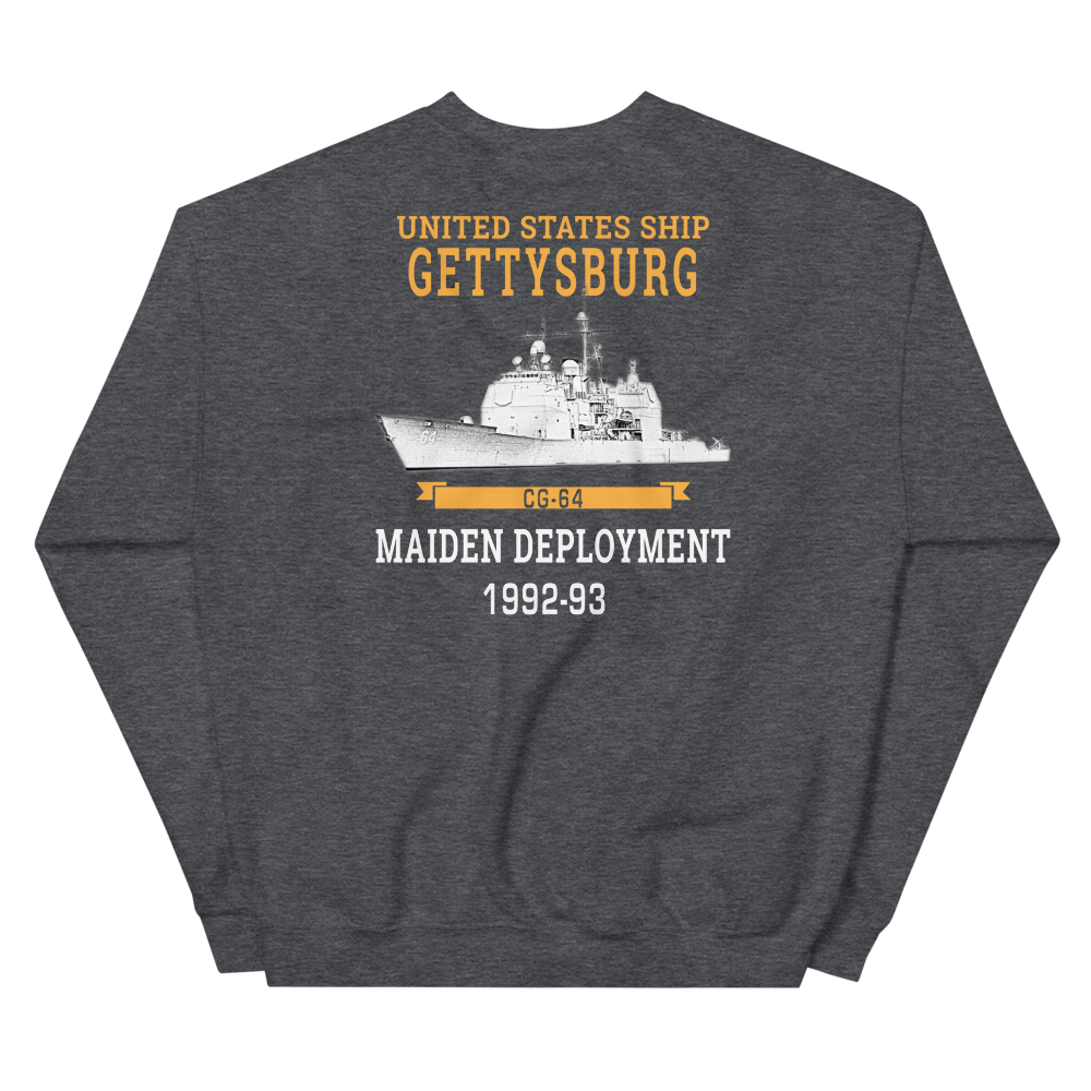 USS Gettysburg (CG-64) 1992-93 Maiden Deployment Sweatshirt – back view, heather