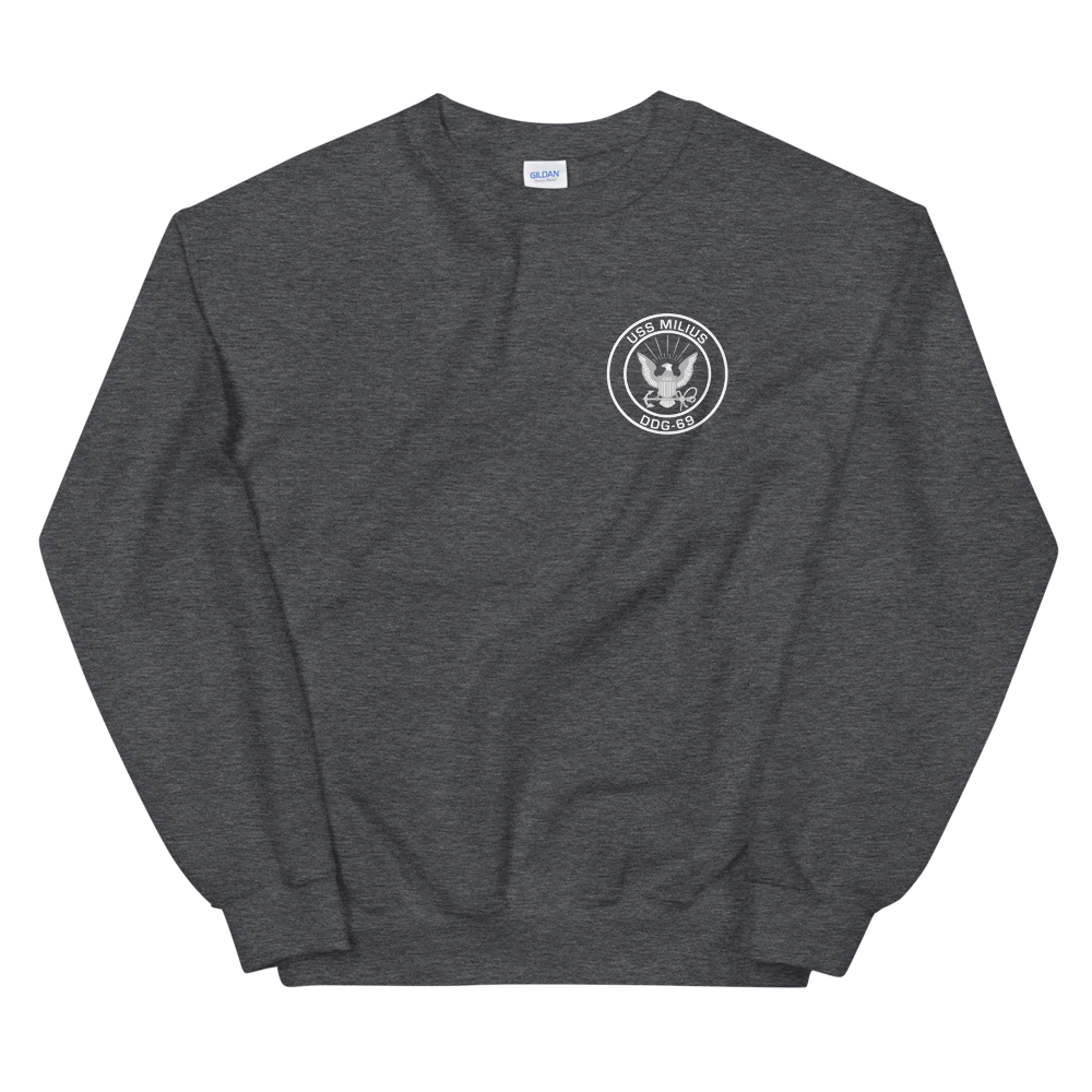 USS Milius (DDG-69) 1998 MAIDEN DEPLOYMENT Unisex Sweatshirt – front view, heather