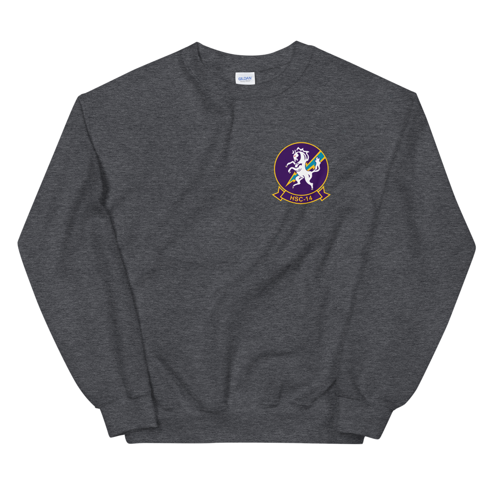 HSC-14 Chargers Squadron Crest Unisex Sweatshirt – front view, heather