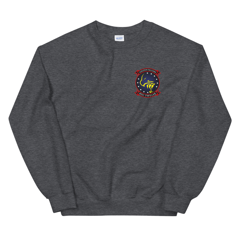 HSC-12 Golden Falcons Squadron Crest Unisex Sweatshirt – front view, heather