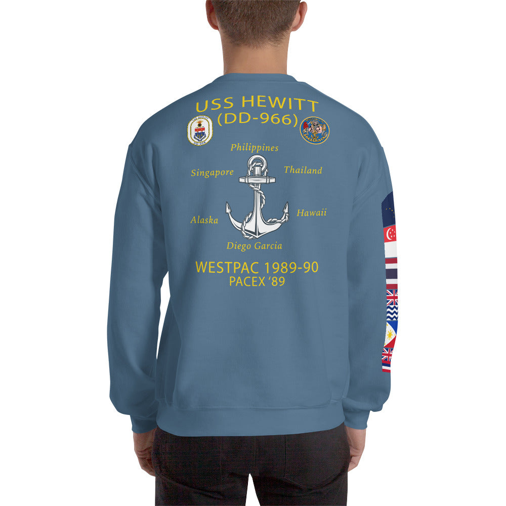 USS Hewitt (DD-966) 1989-90 Cruise Sweatshirt - FLAGS ON SLEEVE – indigo