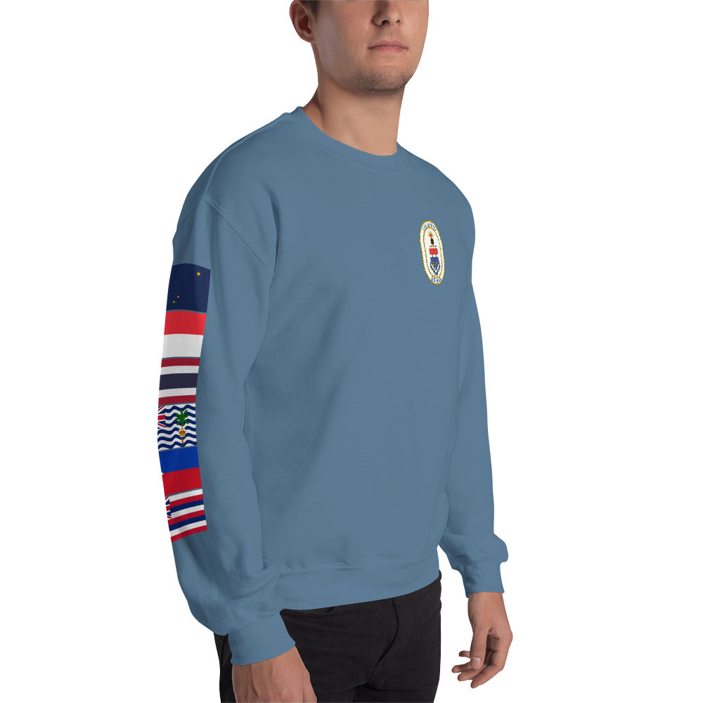 USS Hewitt (DD-966) 1989-90 Cruise Sweatshirt - FLAGS ON SLEEVE – indigo