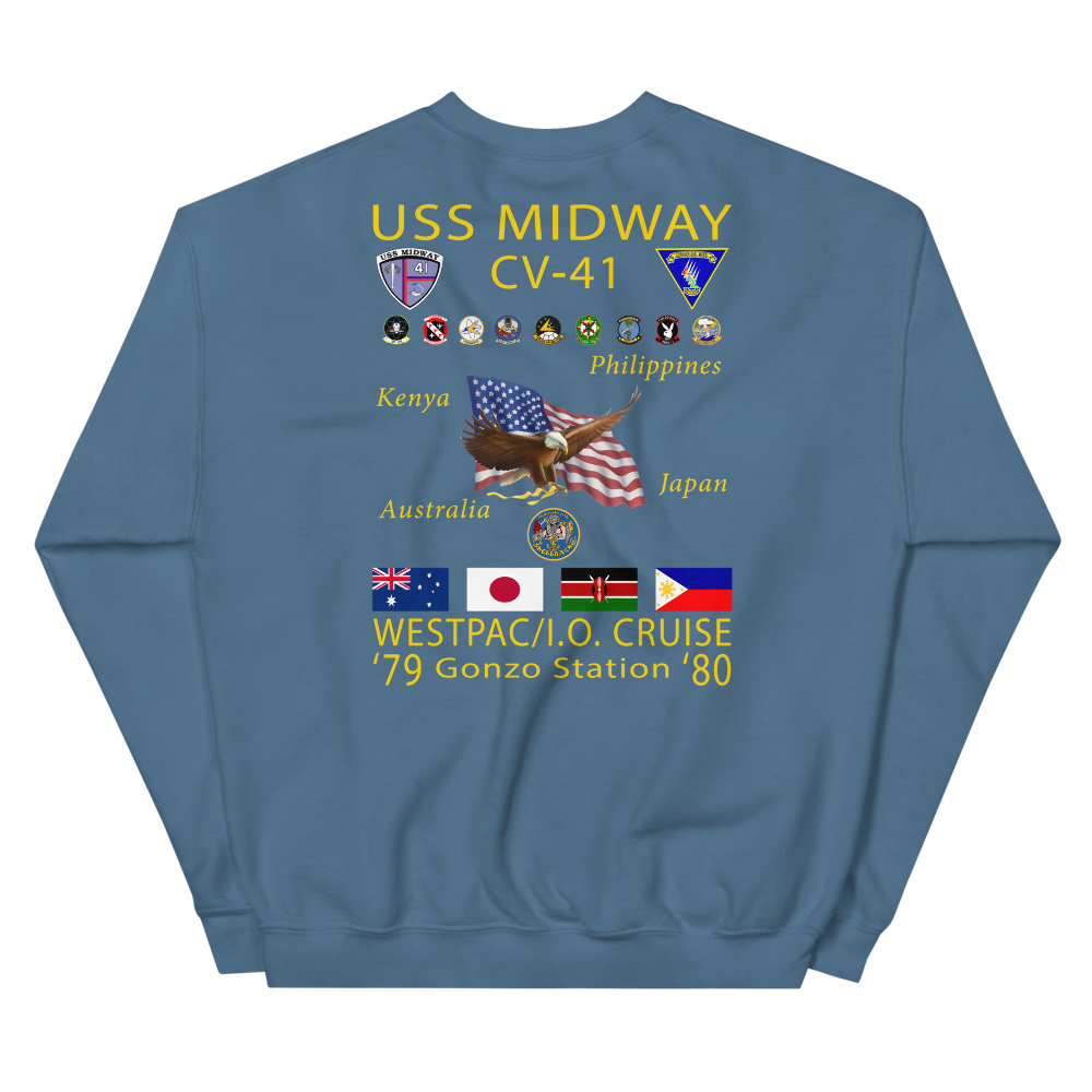 USS Midway (CV-41) 1979-80 Cruise Sweatshirt with Persian Gulf Yacht Club – indigo