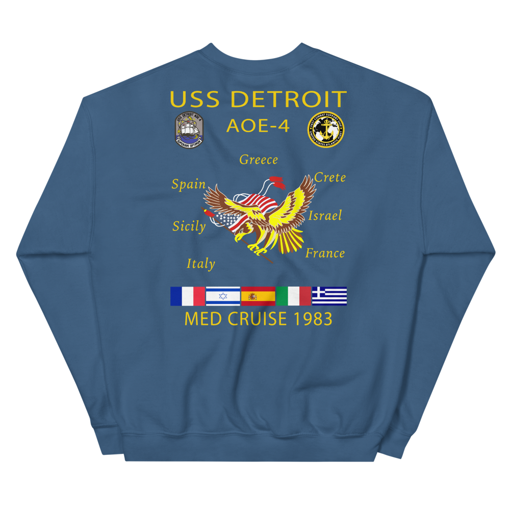 USS Detroit (AOE-4) 1983 Med Cruise Sweatshirt – back view, indigo