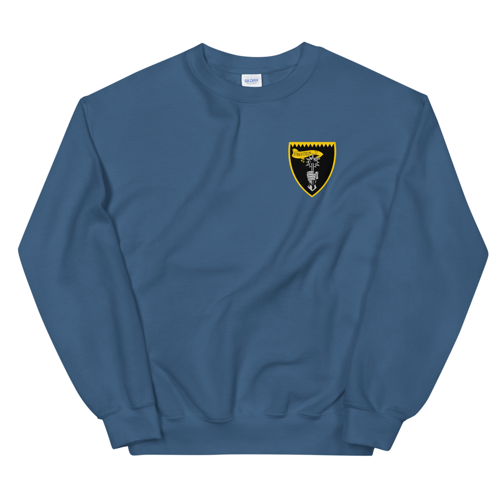 VFA-27 Royal Maces Squadron Crest Unisex Sweatshirt – front view, indigo