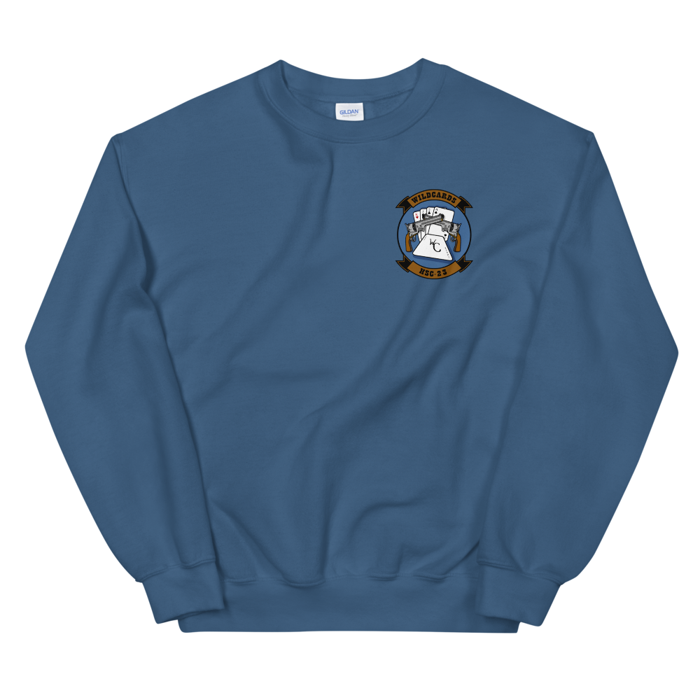 HSC-23 Wildcards Squadron Crest Unisex Sweatshirt – front view, indigo