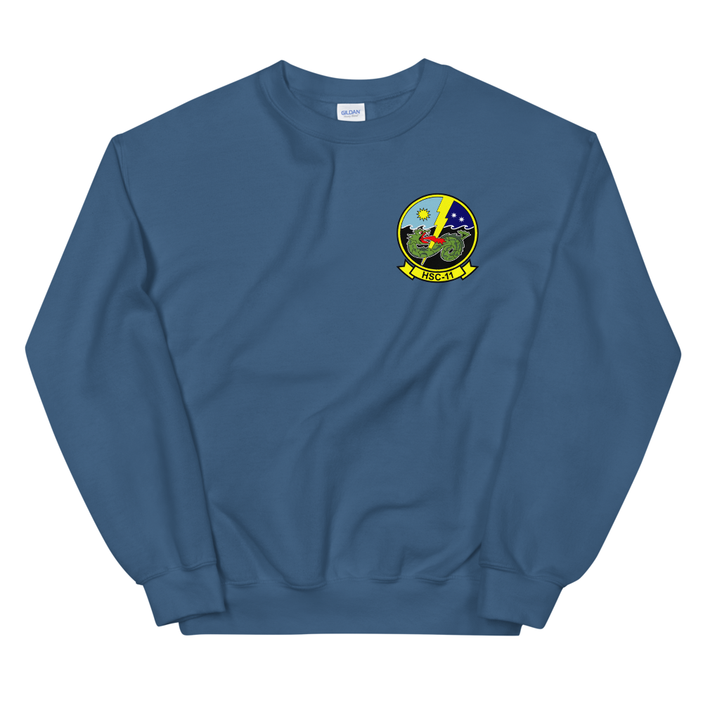 HSC-11 Dragonslayers Squadron Crest Unisex Sweatshirt – front view, indigo