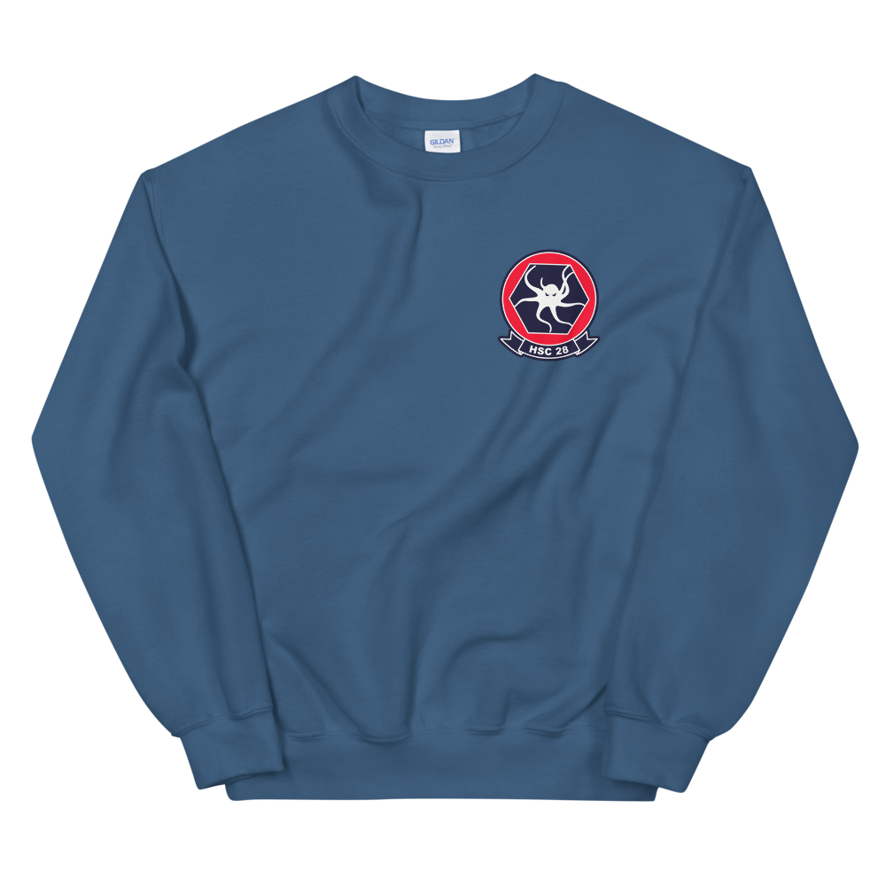 HSC-28 Dragon Whales Squadron Crest Unisex Sweatshirt – front view, indigo