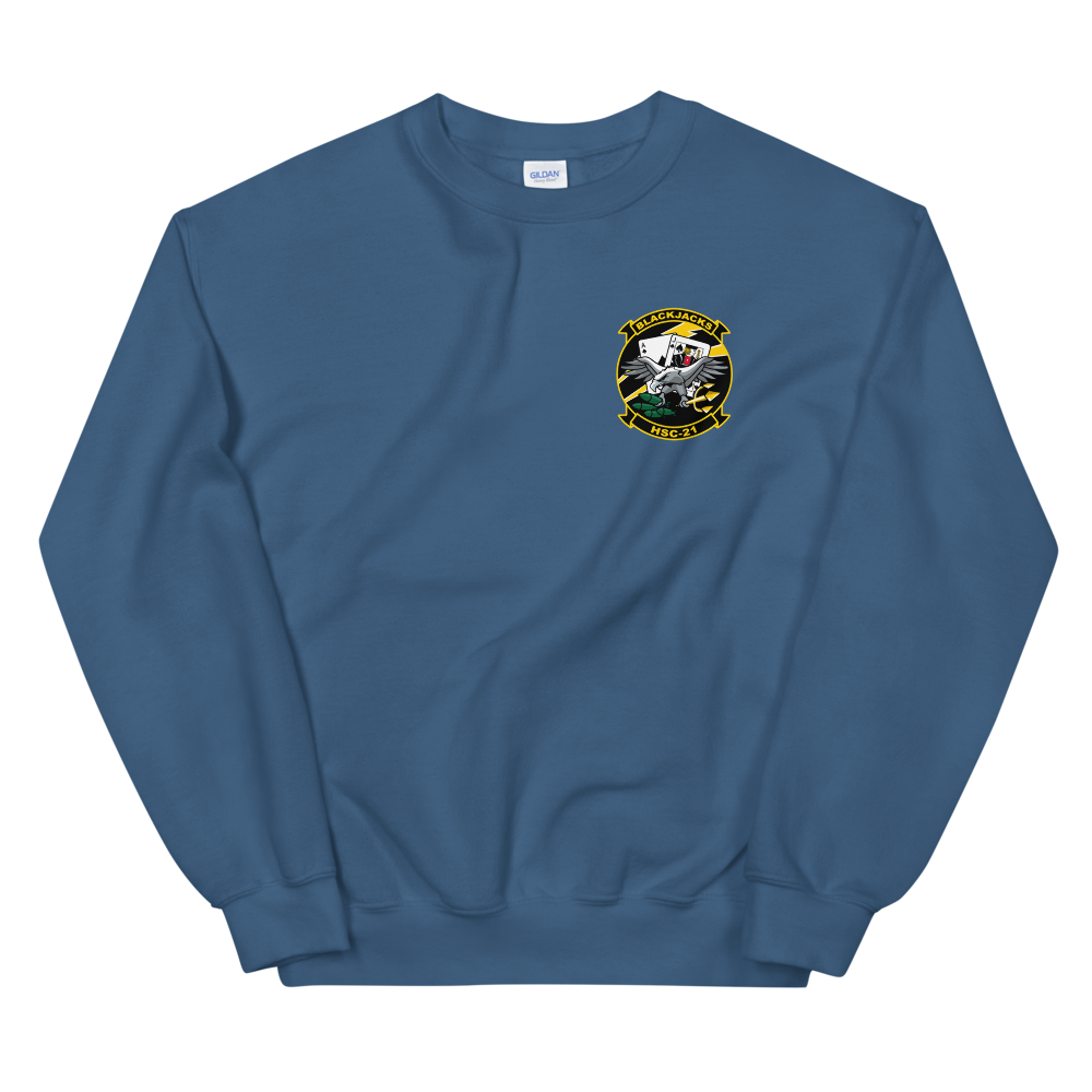 HSC-21 Blackjacks Squadron Crest Unisex Sweatshirt – front view, indigo