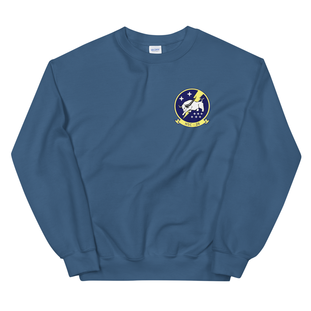 HSC-26 Chargers Squadron Crest Unisex Sweatshirt – front view, indigo