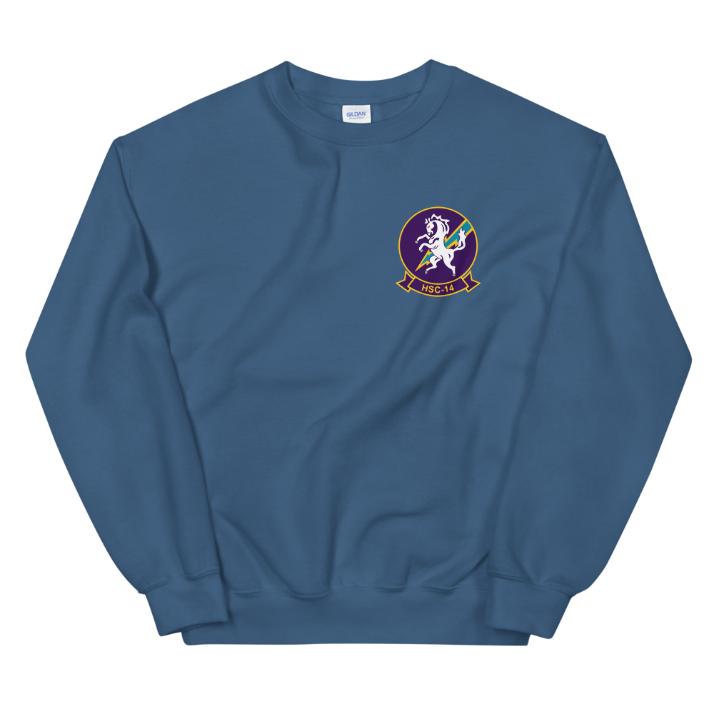 HSC-14 Chargers Squadron Crest Unisex Sweatshirt – front view, indigo