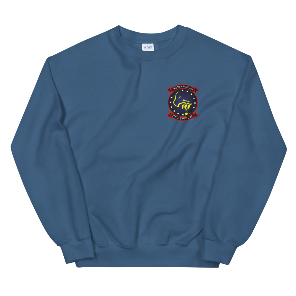 HSC-12 Golden Falcons Squadron Crest Unisex Sweatshirt – front view, indigo