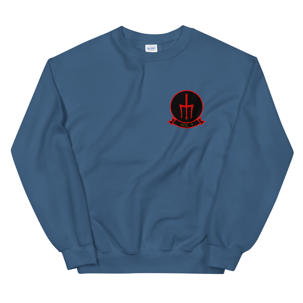 HSC-9 Tridents Squadron Crest Unisex Sweatshirt – front view, indigo