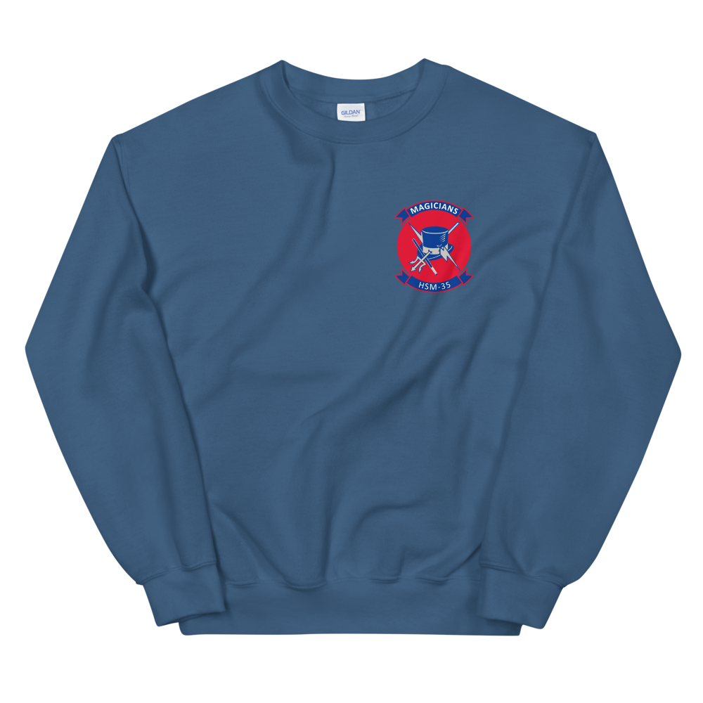 HSM-35 Magicians Squadron Crest Unisex Sweatshirt – front view, indigo