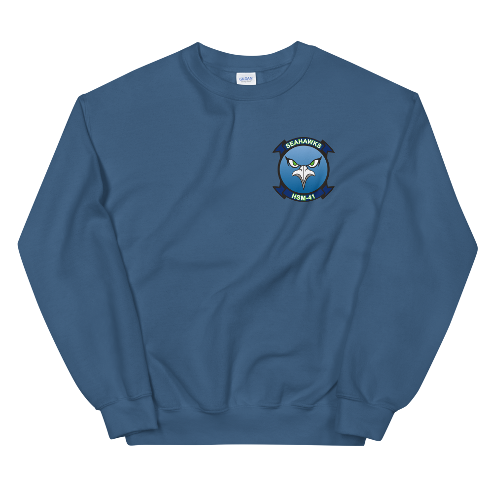 HSM-41 Seahawks Squadron Crest Unisex Sweatshirt – front view, indigo